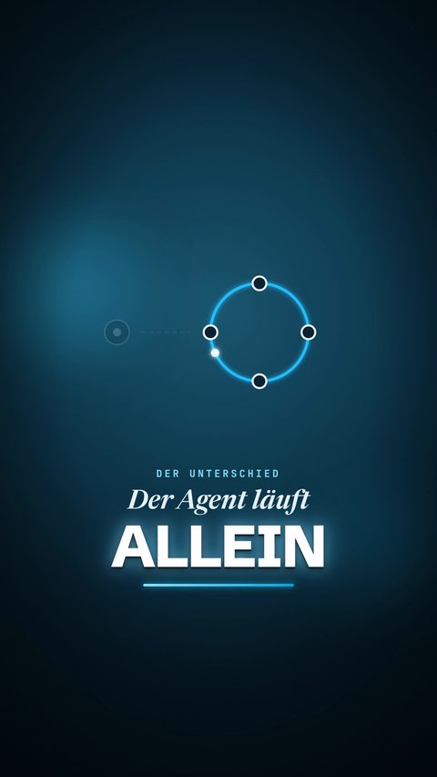 Ein Reel aus der cutENGINE für paceOPS: dunkles Petrol, ein leuchtender Kreis und die Zeile „Der Agent läuft allein“