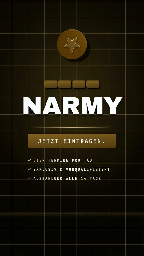Ein Reel aus der cutENGINE für N-ARMY: Schwarz und Messing, eine Endkarte mit Raster und Siegel