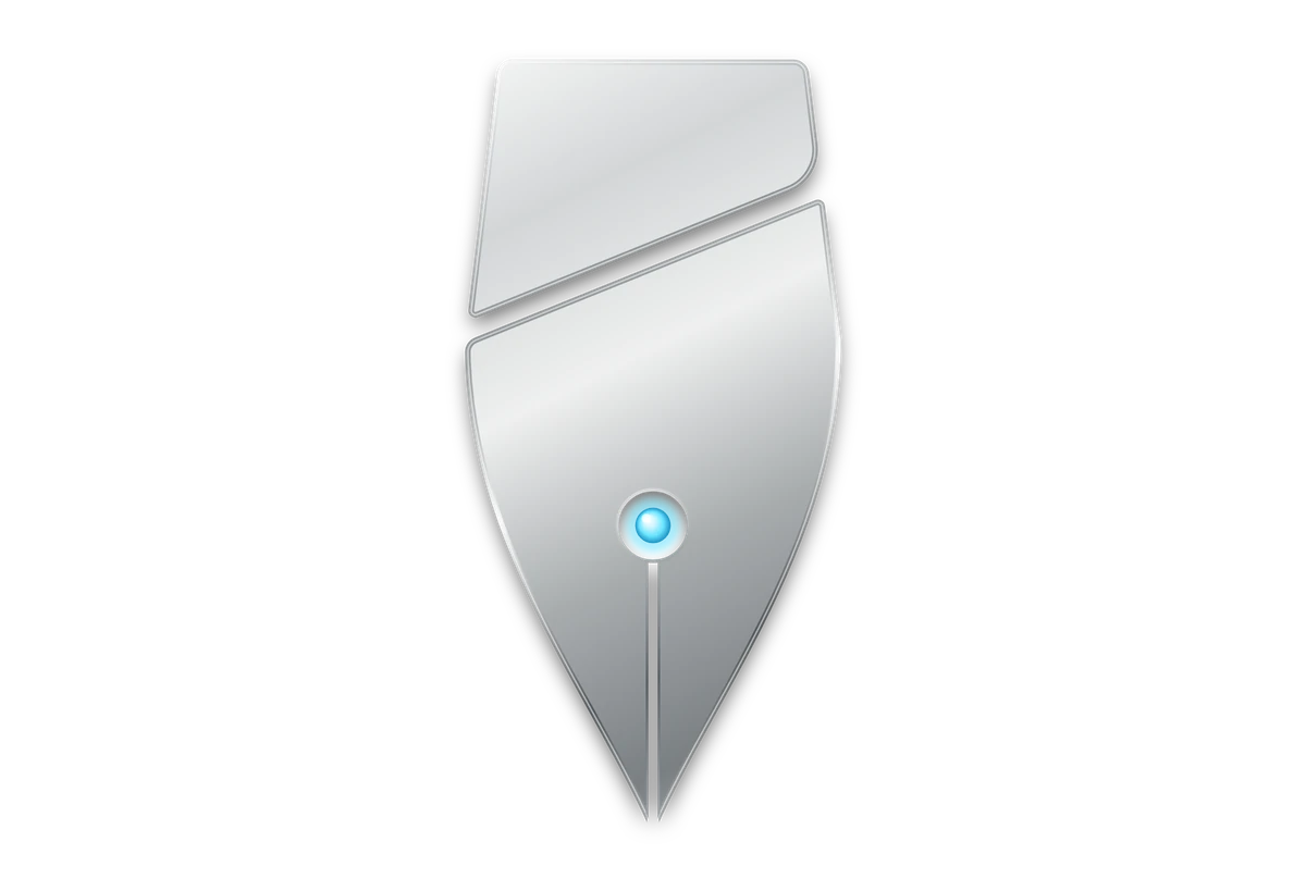 Das Zeichen der creativeENGINE: eine Schreibfeder aus poliertem Metall; im Luftloch über dem Spalt leuchtet ein blauer Kern