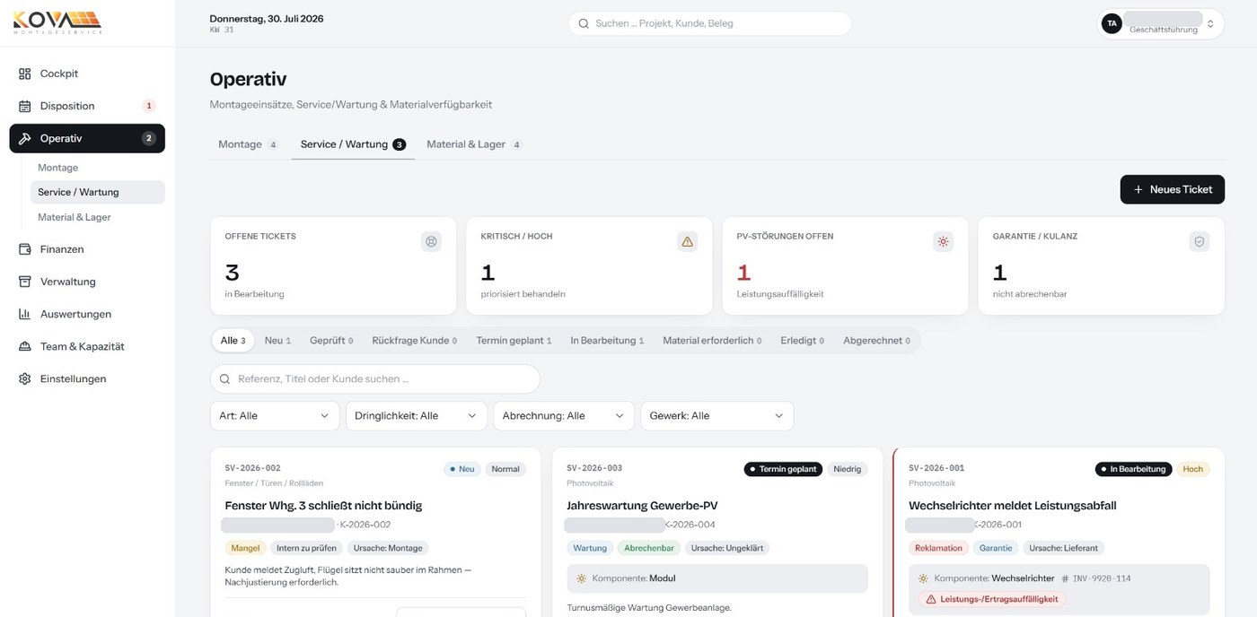 Ansicht Service und Wartung des gebauten Systems für KOVA Montageservice mit offenen Tickets, Störungen und Gewerken